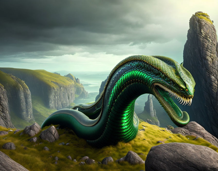 Majestic Green Dragon Resting on Rocky Terrain