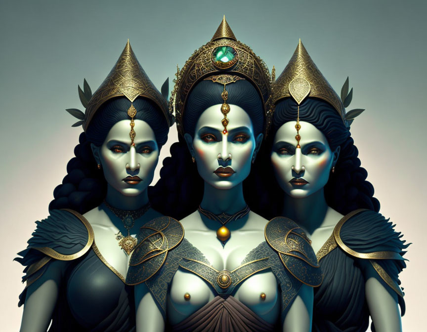 Three Women with Elaborate Golden Headdresses and Dark Blue Skin Standing Together