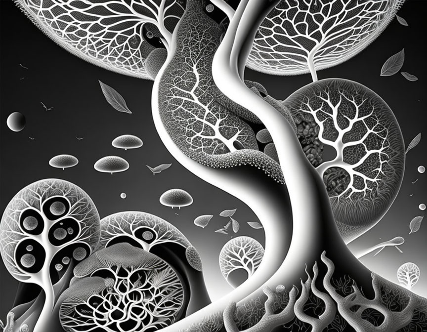 Monochrome surreal tree illustration with intricate branches and floating elements