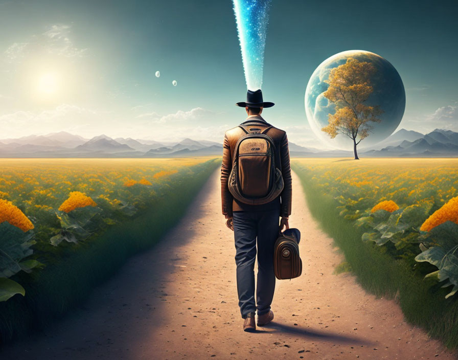 Person with hat and backpack on sunflower path facing glowing planet and moons