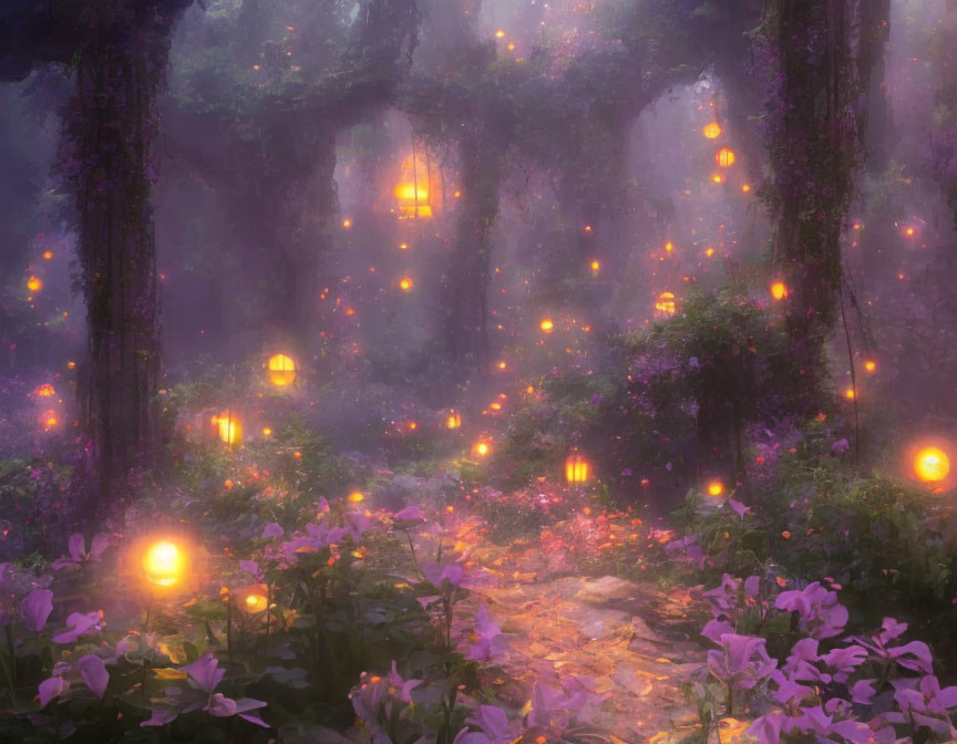 Mystical forest with glowing lights and purple flora