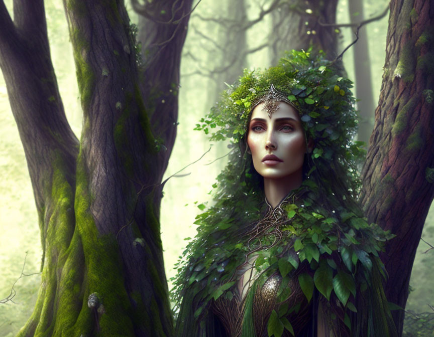 Mystical female figure in leafy garb and crown in foggy forest