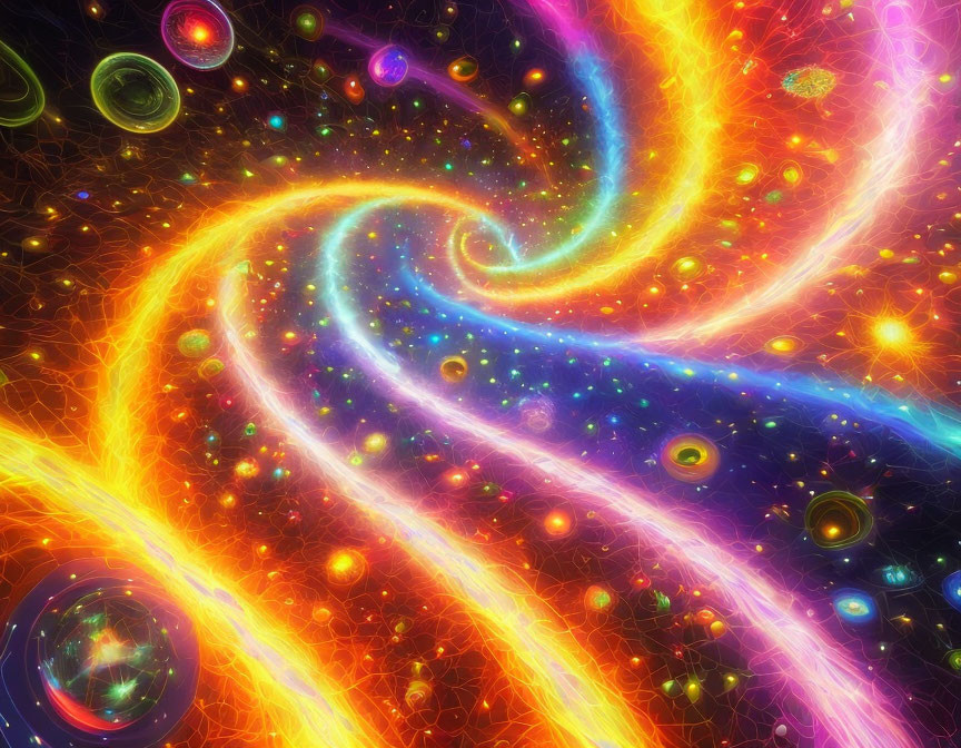 Colorful Swirling Galaxy Art with Glowing Orbs