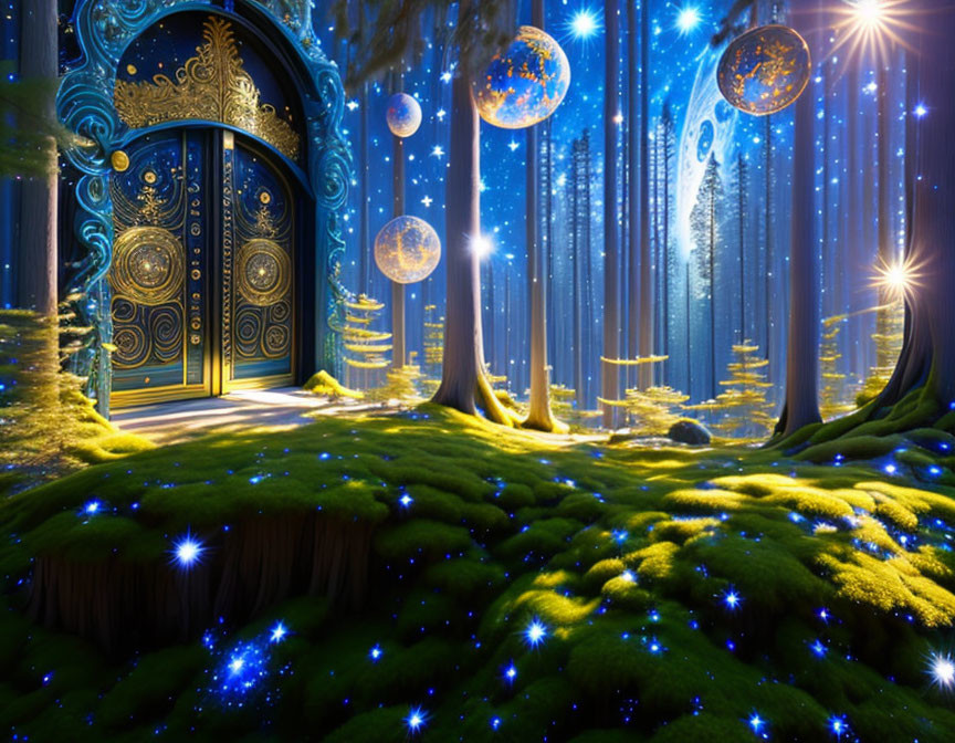 Enchanting Night Forest with Glowing Gateway and Magical Orbs