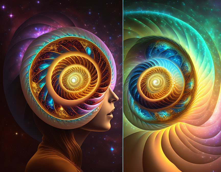 Colorful fractal brain design in woman's profile against starry space.