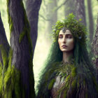 Mystical female figure in leafy garb and crown in foggy forest