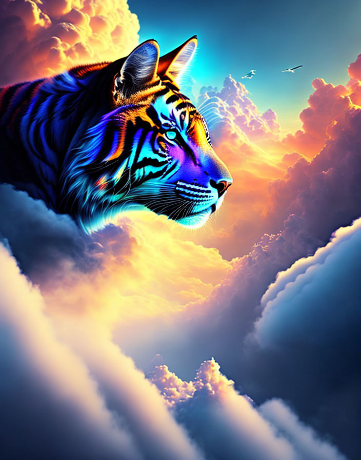 Vibrant tiger head art in dreamy sky with colorful clouds and birds