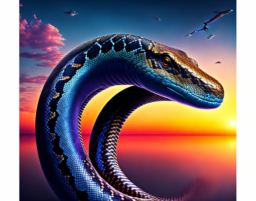 Vibrant blue and black serpent against sunset backdrop with flying birds