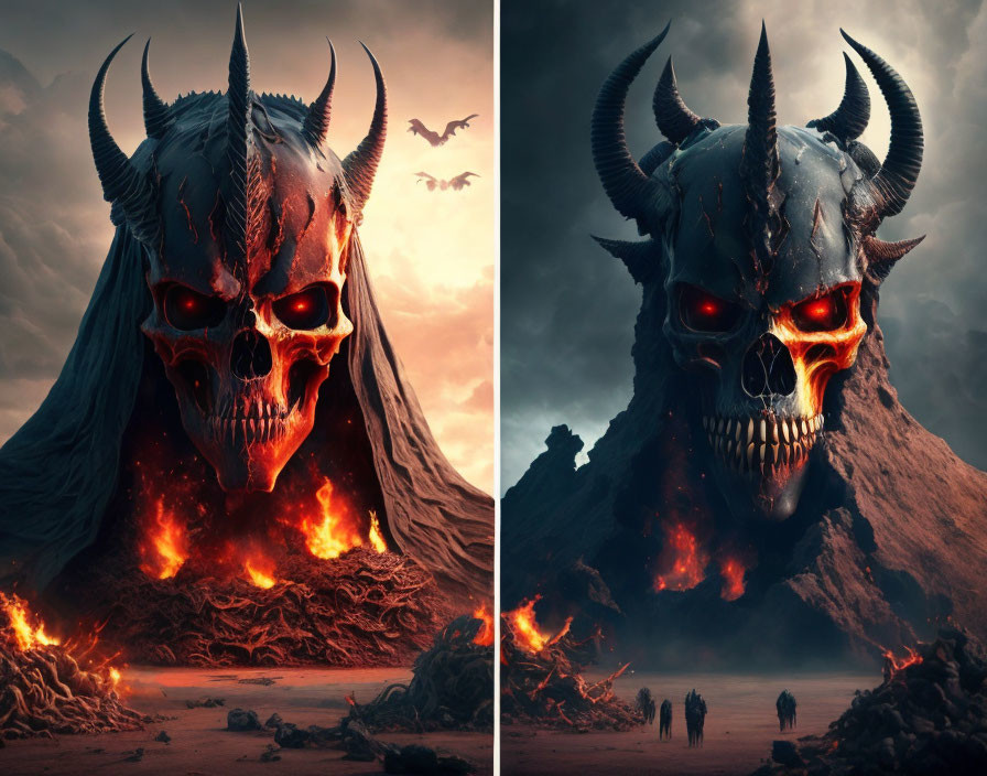 Split image: Fiery skull with horns & volcanic landscape with human figures.