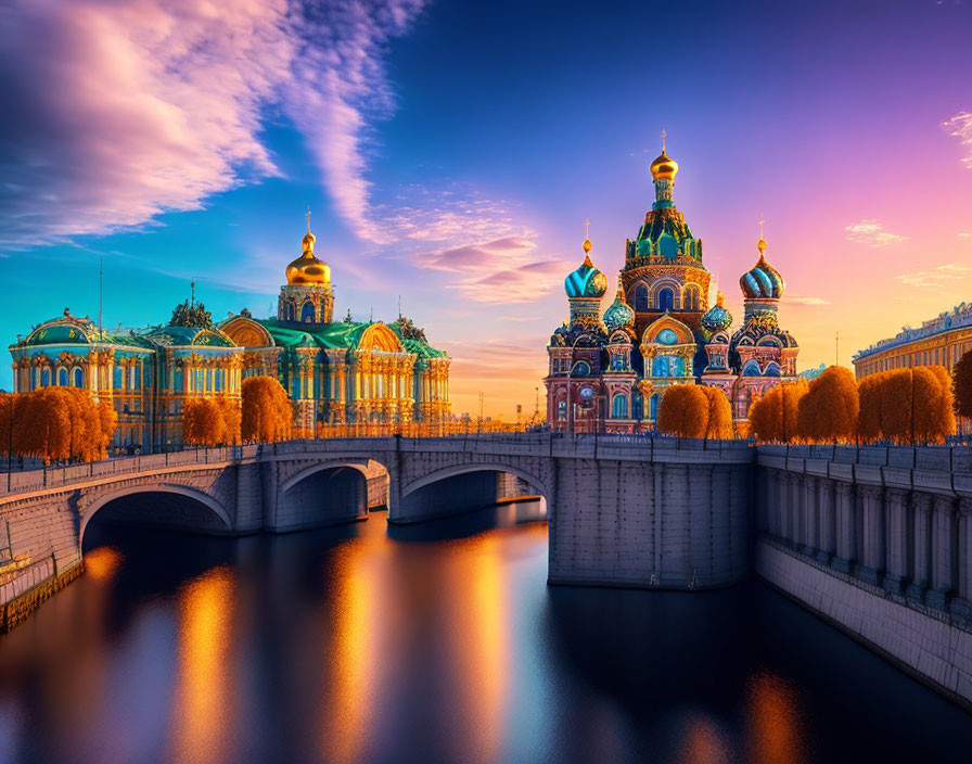 Colorful Onion Domes at Sunset in Saint Petersburg, Russia