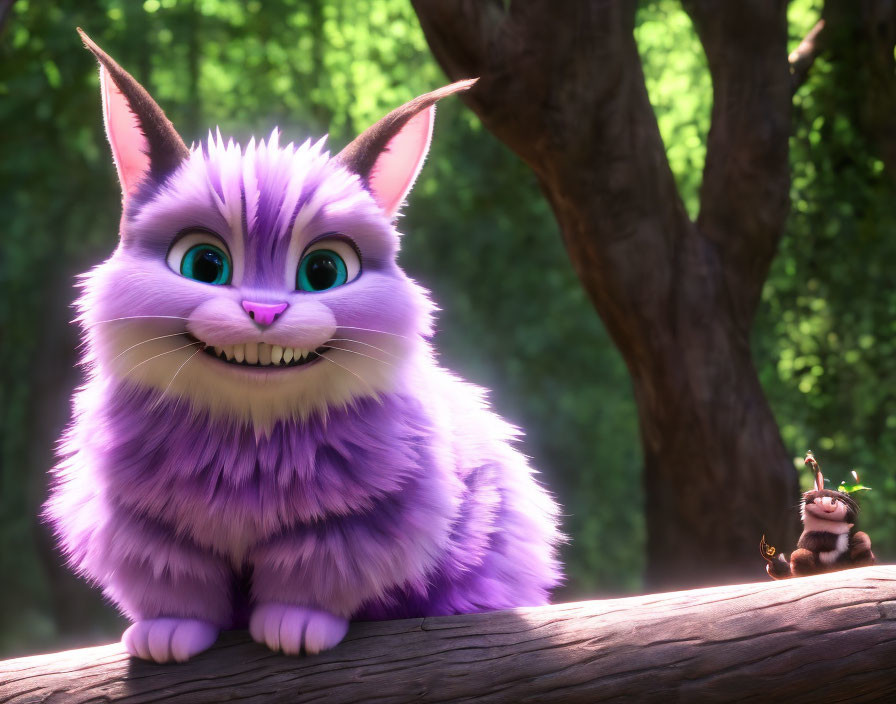 Purple fluffy cat with wide grin next to small creature on tree branch in sunny forest