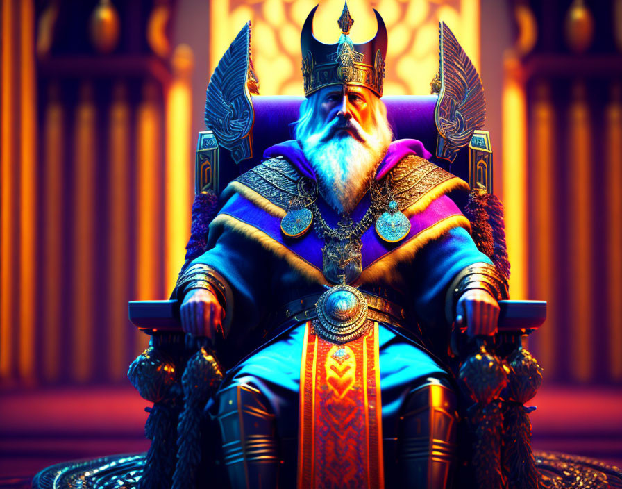 Regal king in blue and gold attire on throne exudes power