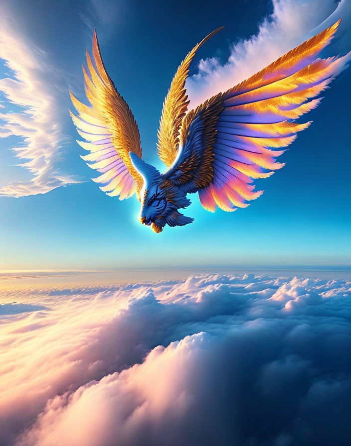 Colorful Phoenix Flying Above Soft Clouds and Serene Sky