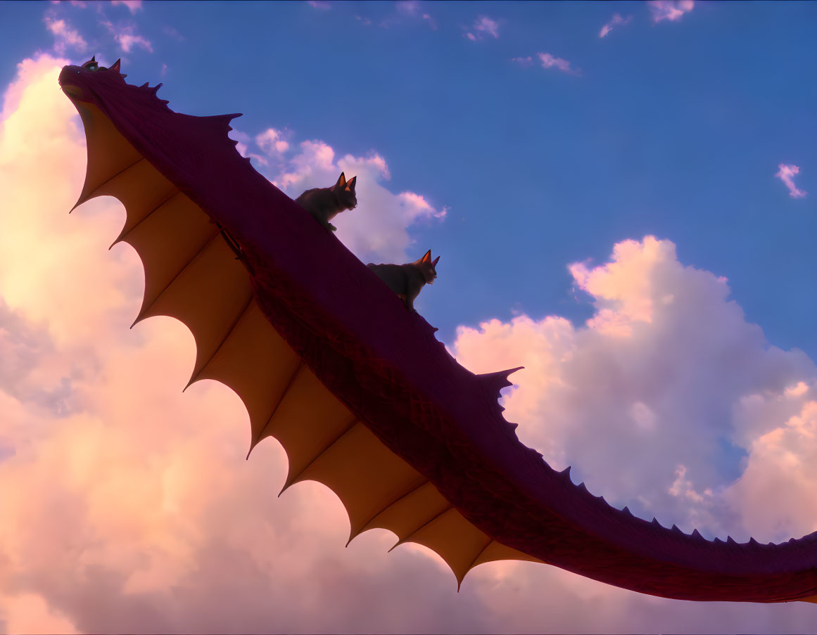 Flying dragon silhouette against purple and pink sky with clouds