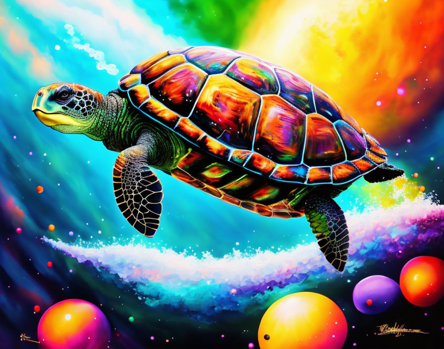 Colorful sea turtle swimming in cosmic space among celestial bodies and clouds