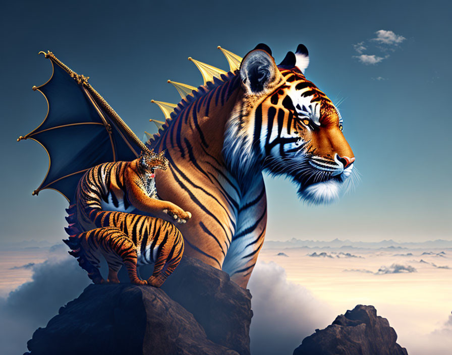 Tiger-bodied creature with dragon wings on rocky peak at dusk