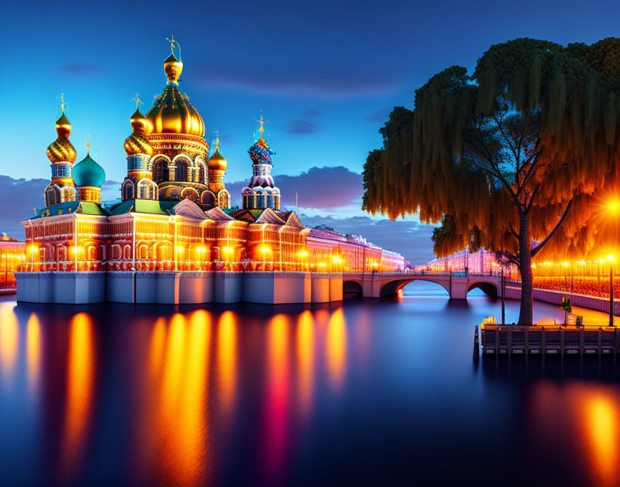 Ornate cathedral with golden domes reflected in calm waters beside a bridge and tree