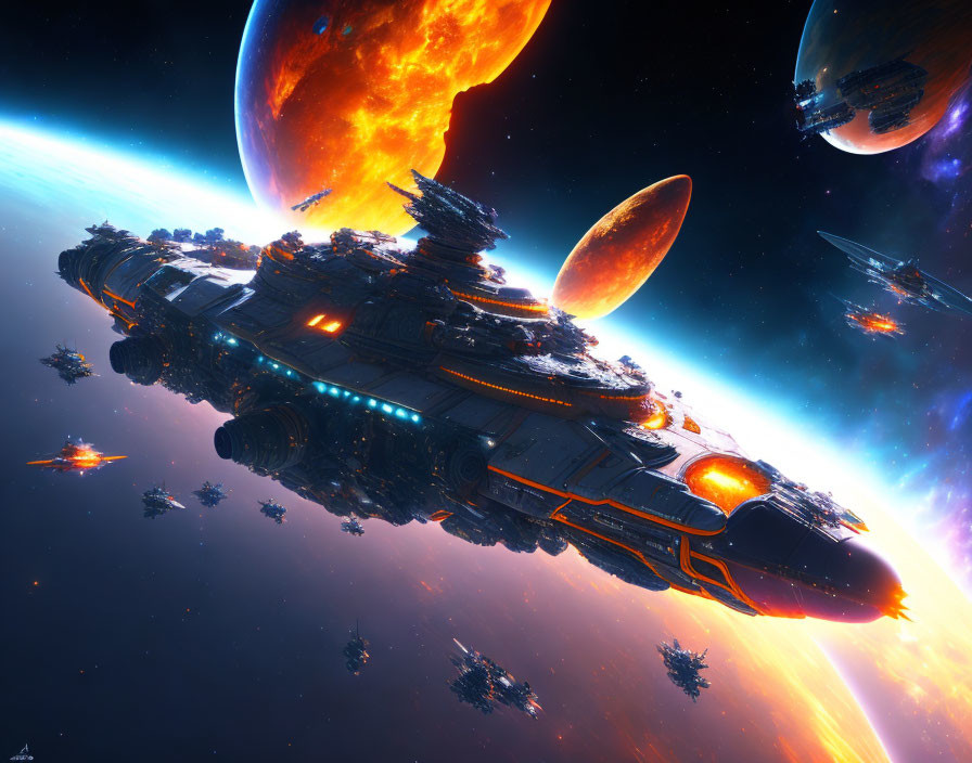 Futuristic spaceship with glowing blue and orange accents in space scene