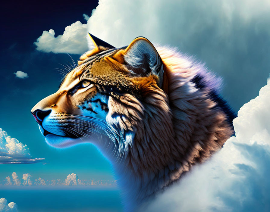 Vivid tiger head art blending with clouds on blue sky