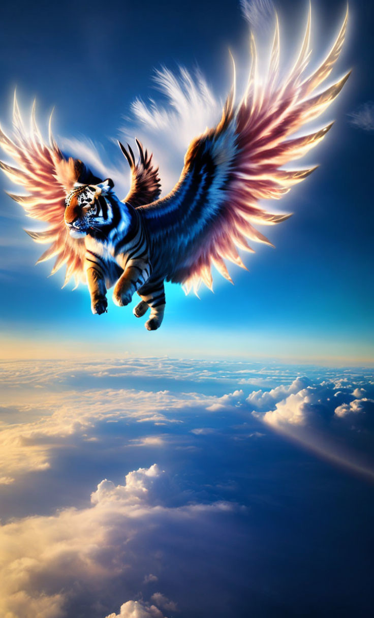 Majestic flying tiger with feathered wings in vibrant sky