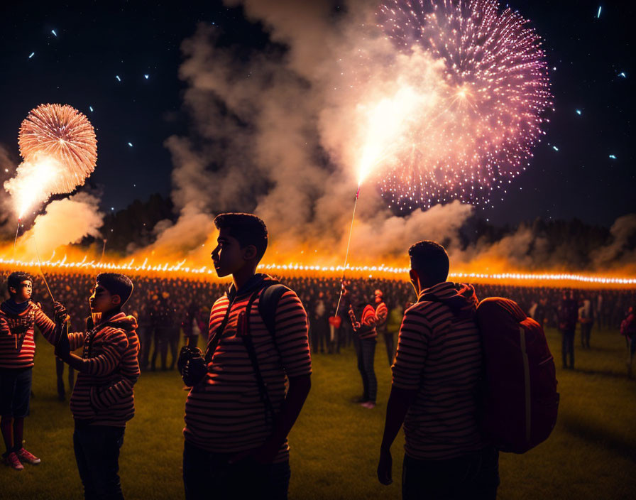 Spectators in striped attire watch dazzling fireworks display at night sky.