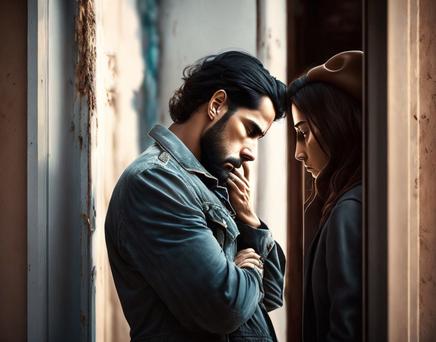 Man and woman in narrow corridor, contemplating and concerned.