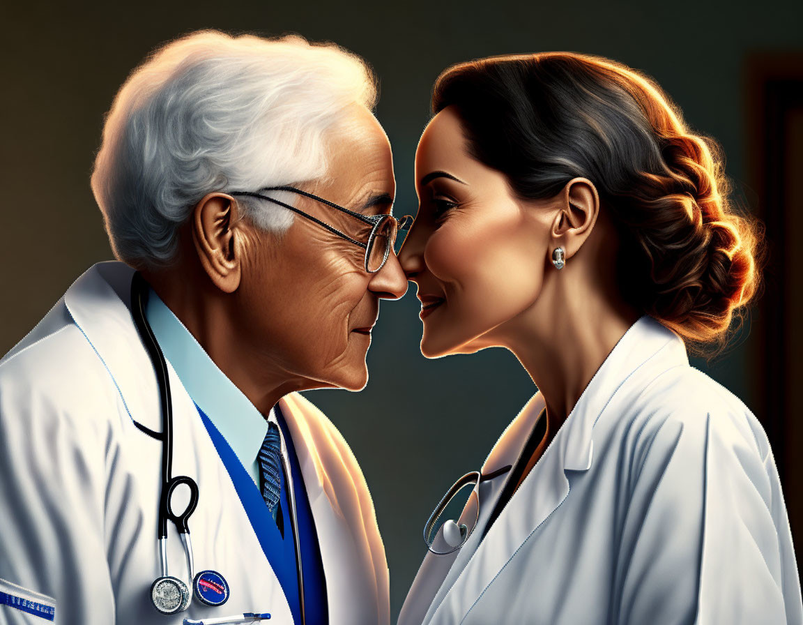 Male and female doctors in white coats and stethoscopes sharing a heartfelt moment under warm lighting