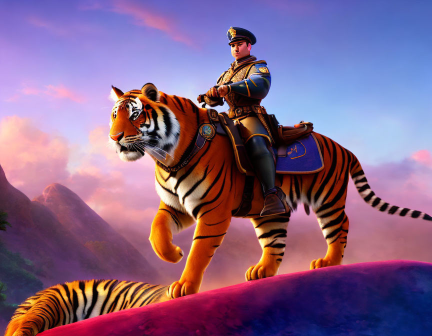 Uniformed character riding large tiger with second tiger on purple terrain under vibrant sky