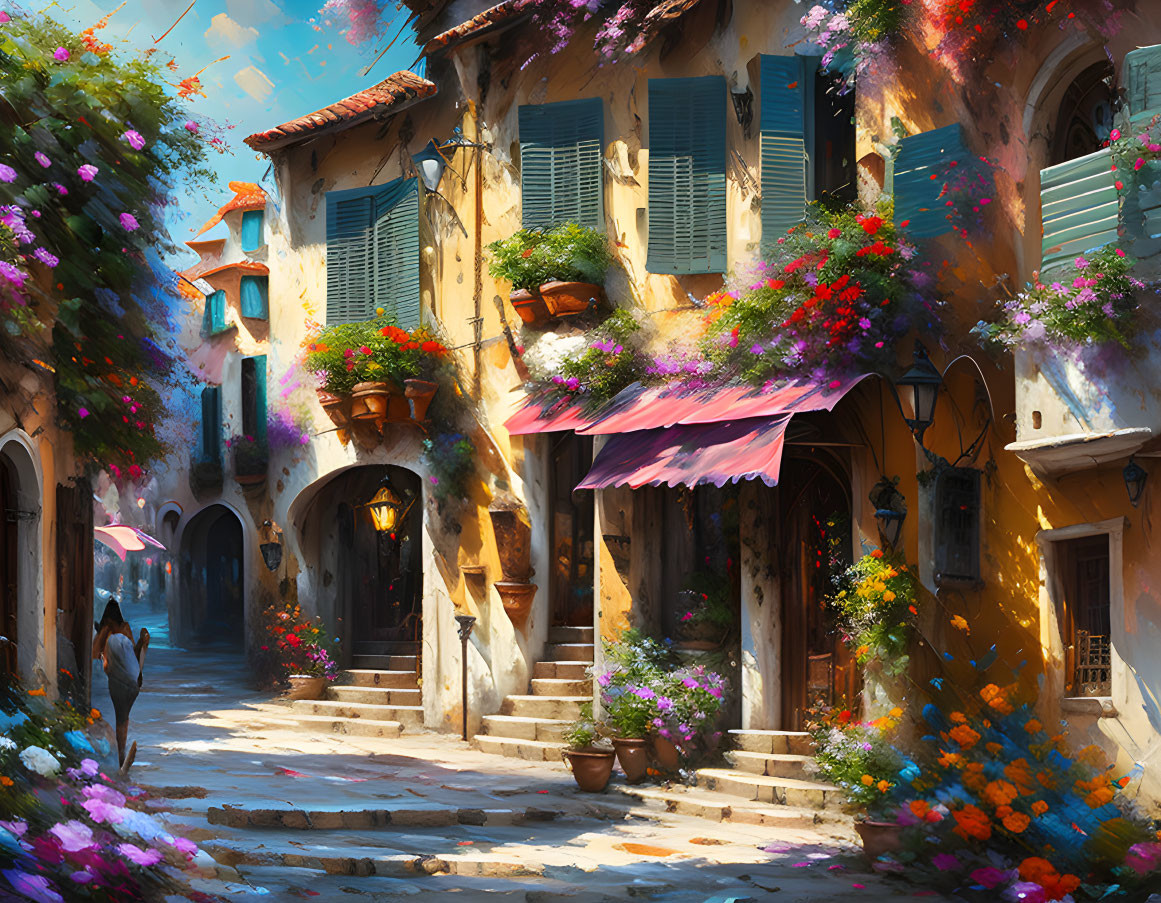 Historic buildings with vibrant flowers on sunlit cobblestone street