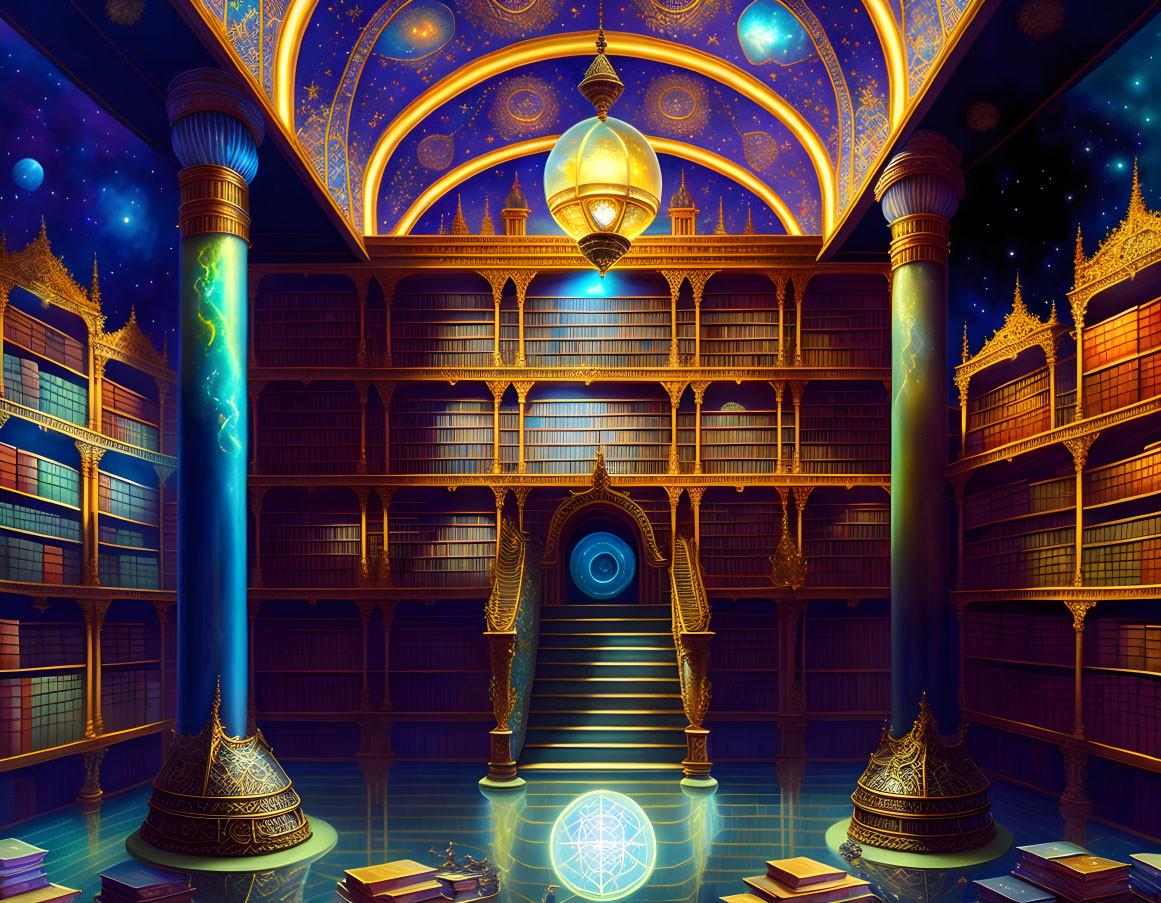 Digital artwork of grand library with towering bookshelves, ornate columns, lantern, starry sky