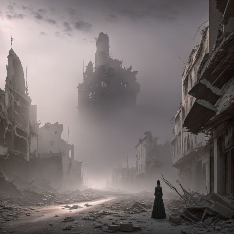 Mysterious figure in cloak gazes at crumbling tower in misty ruins