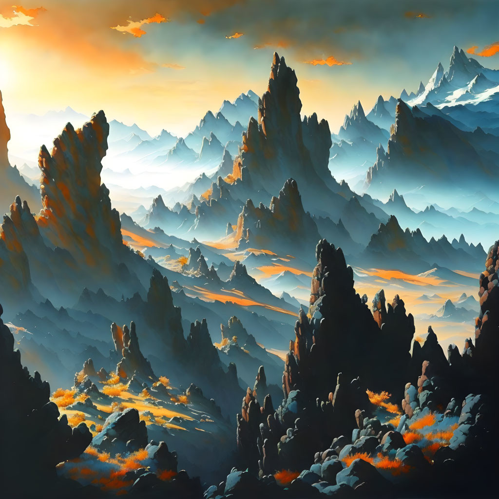 Majestic mountain landscape at sunset with vibrant orange and blue hues