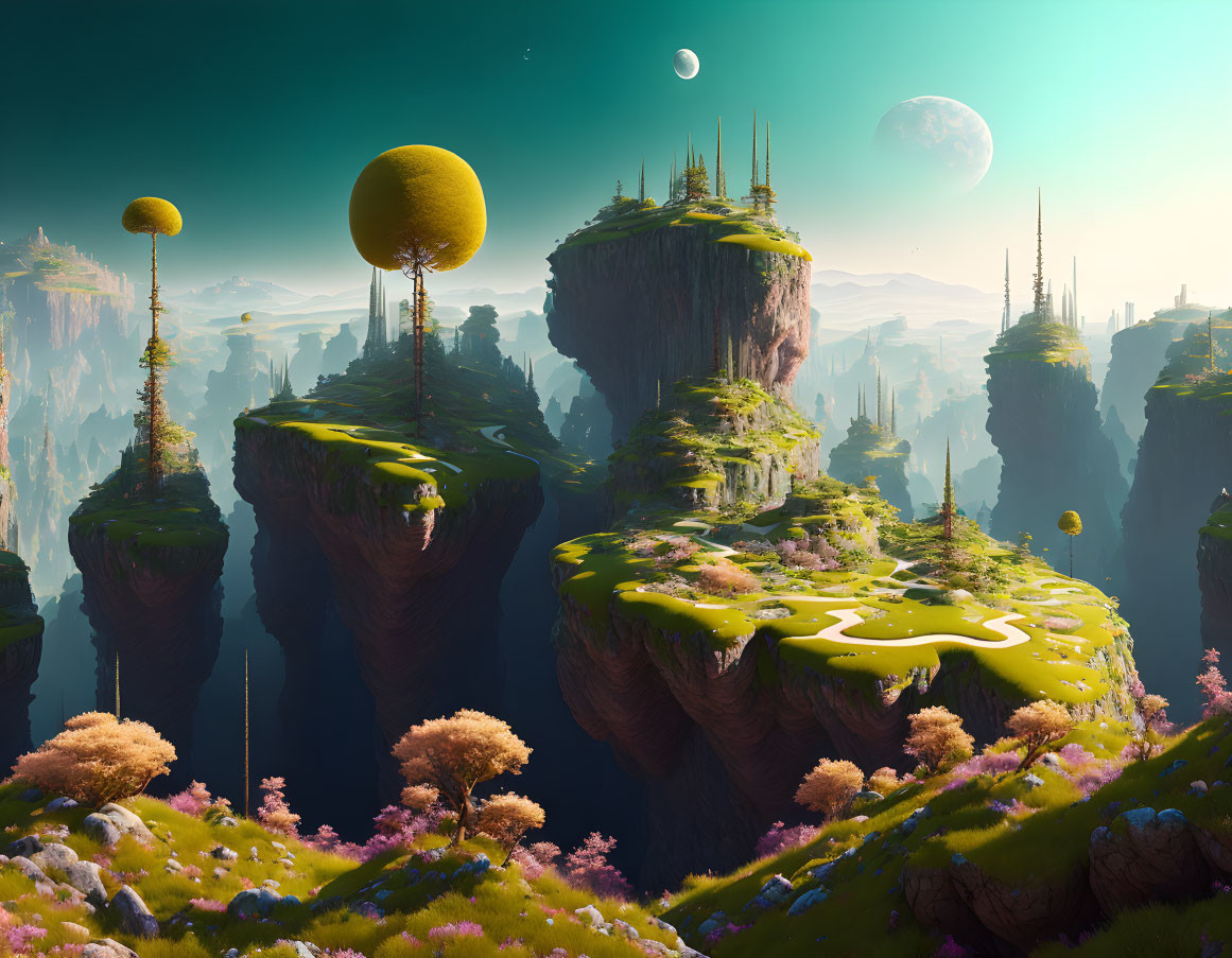 Fantastical landscape: Floating islands, lush greenery, yellow trees, multiple moons