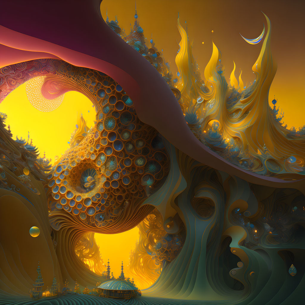 Surreal Landscape with Fractal Patterns and Floating Orbs