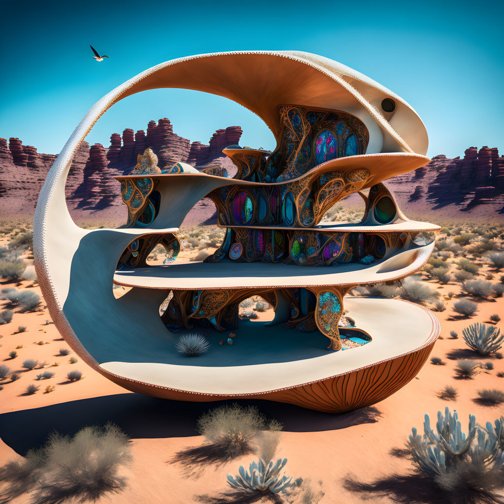 Futuristic shell-like structure in desert landscape with intricate designs