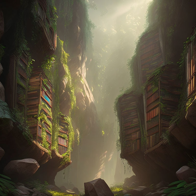 Enchanted forest with oversized integrated books under sunlight