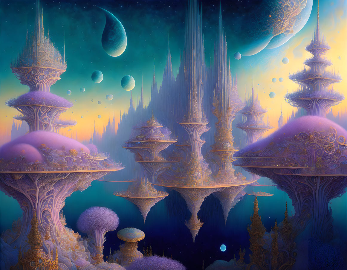 Ornate alien city under multiple moons and planets in vibrant hues