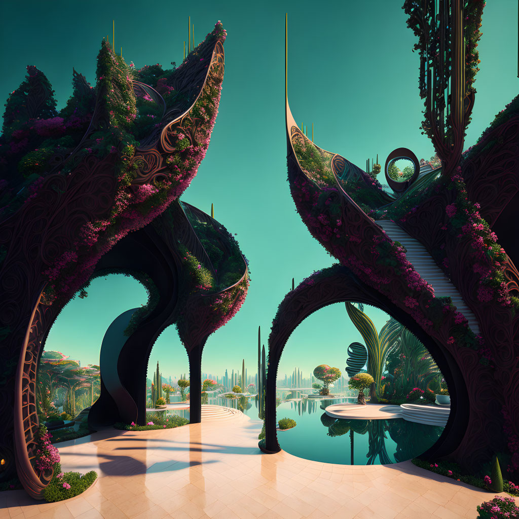 Lush Flowering Structures in Futuristic Garden