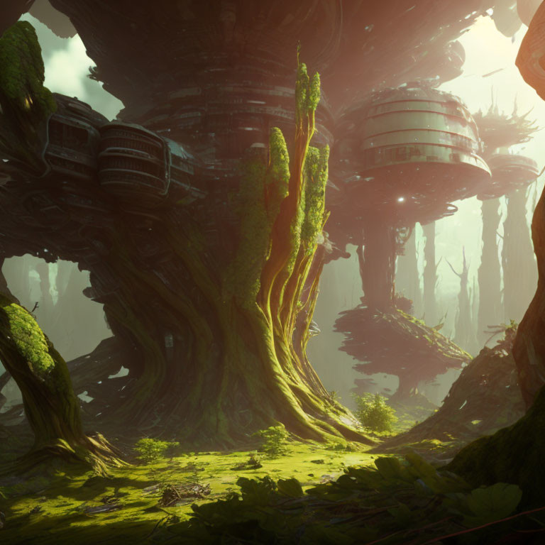 Giant trees and futuristic structures in mystical forest.