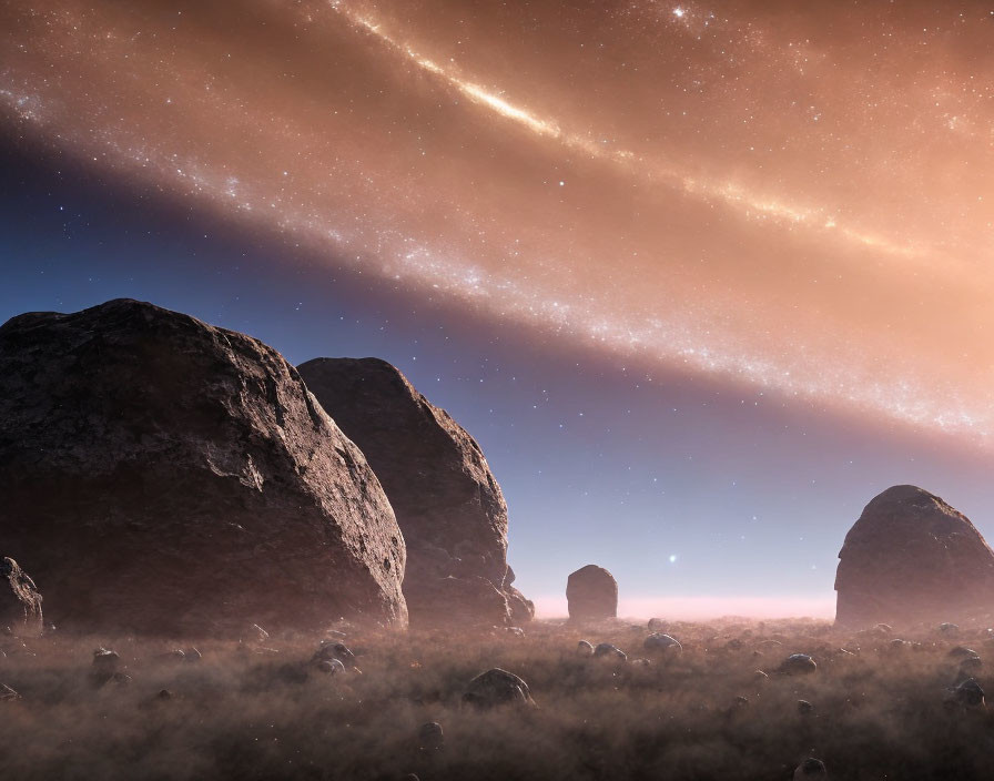 Alien landscape with large rocks under starry sky and cosmic dust bands