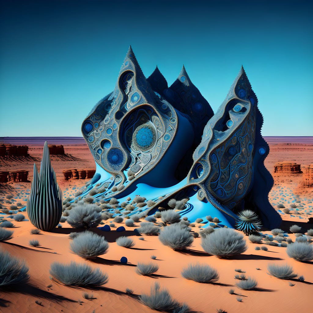 Surreal desert landscape with fractal-inspired structures and cactus-like object