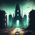 Desolate sci-fi landscape with alien structures and large moon