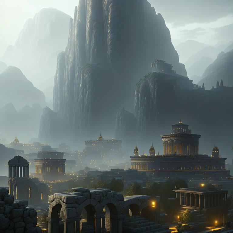 Mountainous Dusk Landscape with Ancient Temples and Stone Bridge