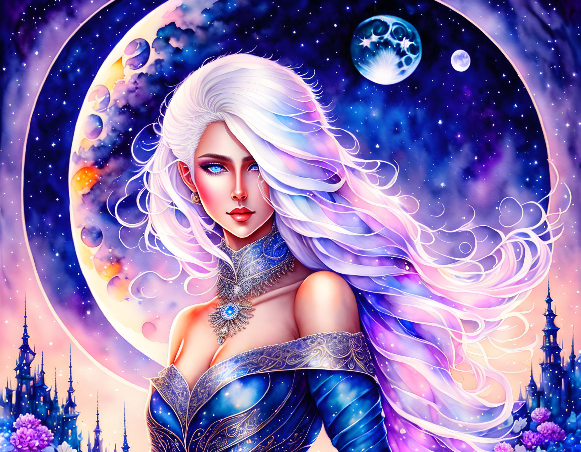 Colorful woman illustration in cosmic setting