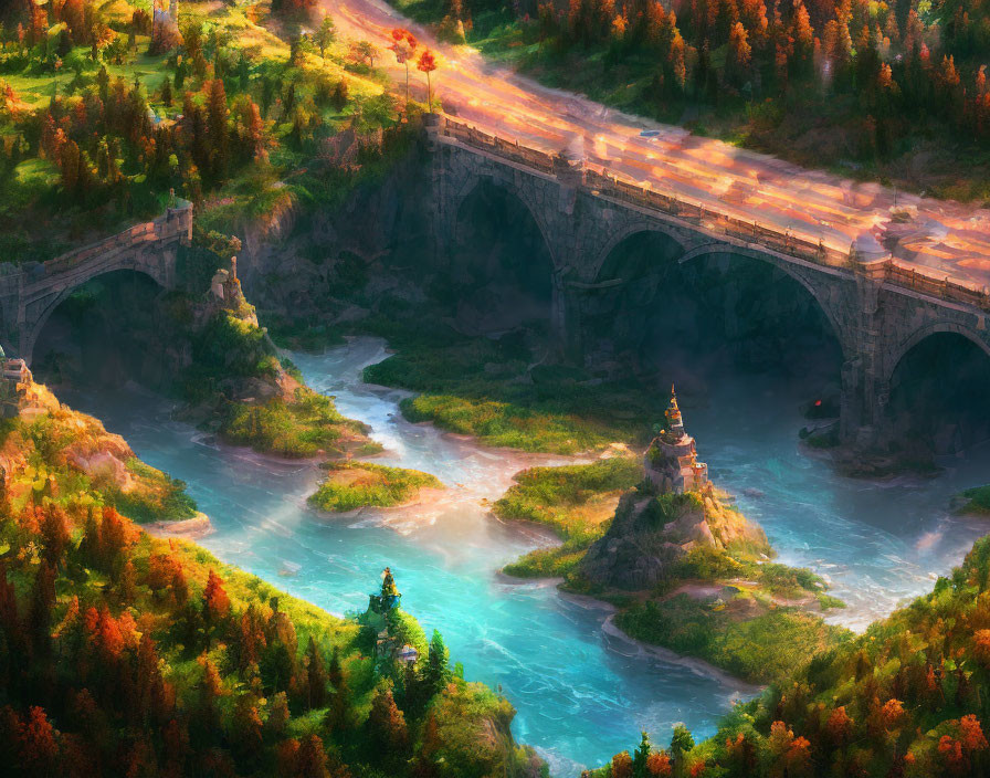 Stone bridge over river in autumn fantasy landscape