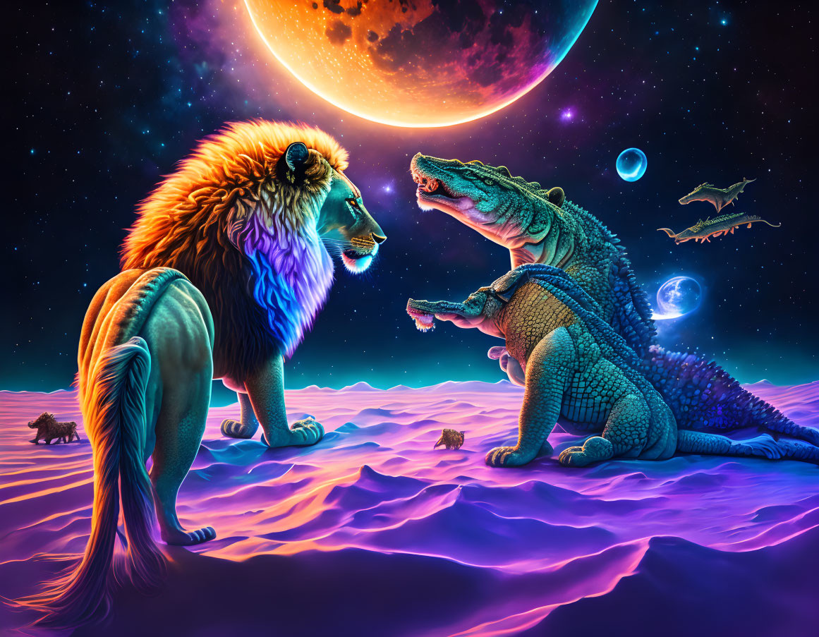 Lion and Crocodile Encounter on Alien Terrain with Dragons