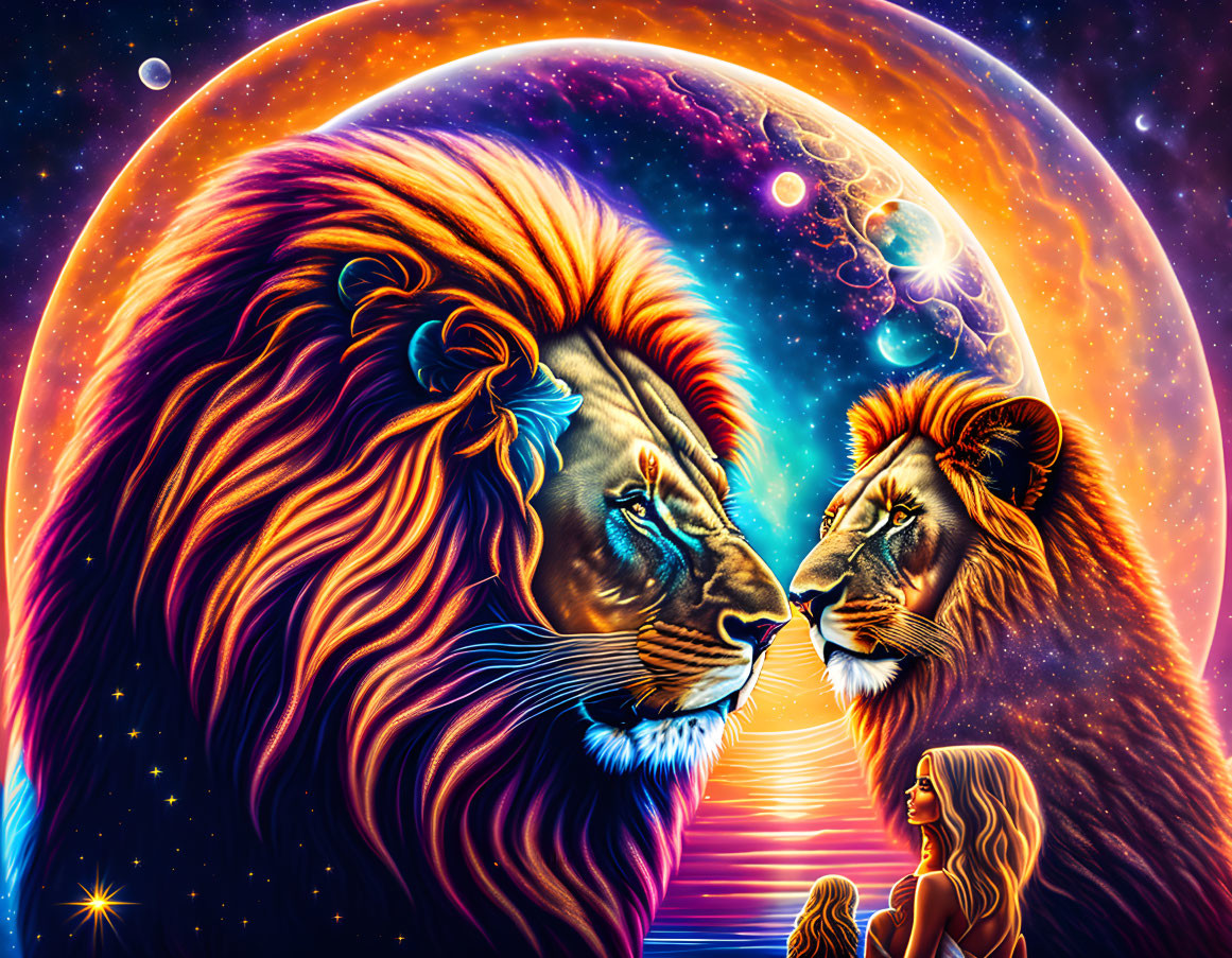 Colorful cosmic artwork: Two lions, woman, celestial bodies, glowing colors symbolize mystical connection