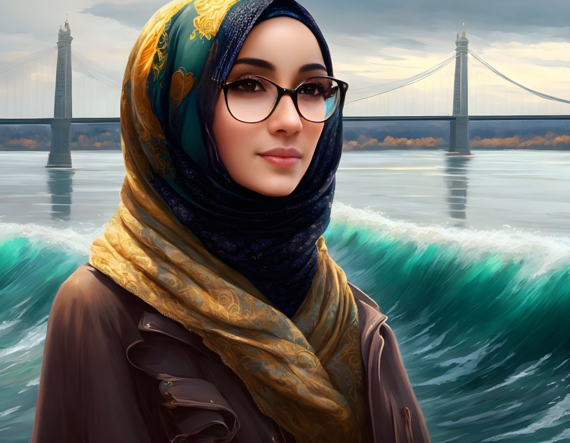 Digital portrait of woman in hijab with glasses against detailed bridge and river