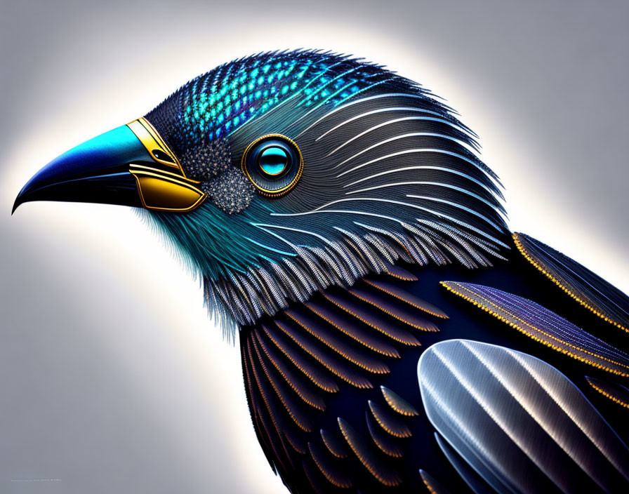 Colorful digital artwork featuring stylized bird with bright blue beak and iridescent feathers