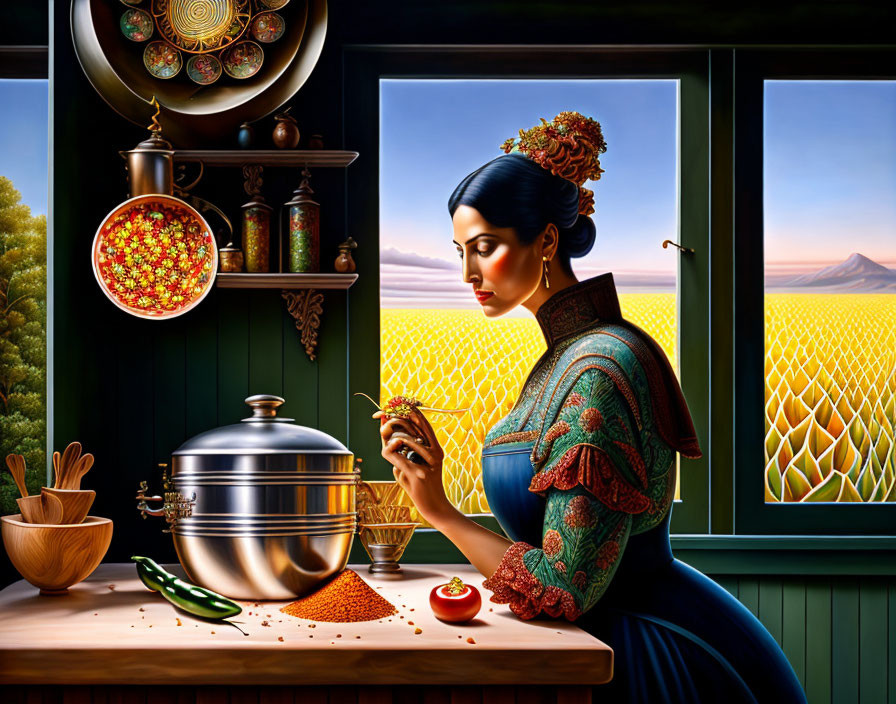 Traditional attired woman cooking in kitchen with scenic view.